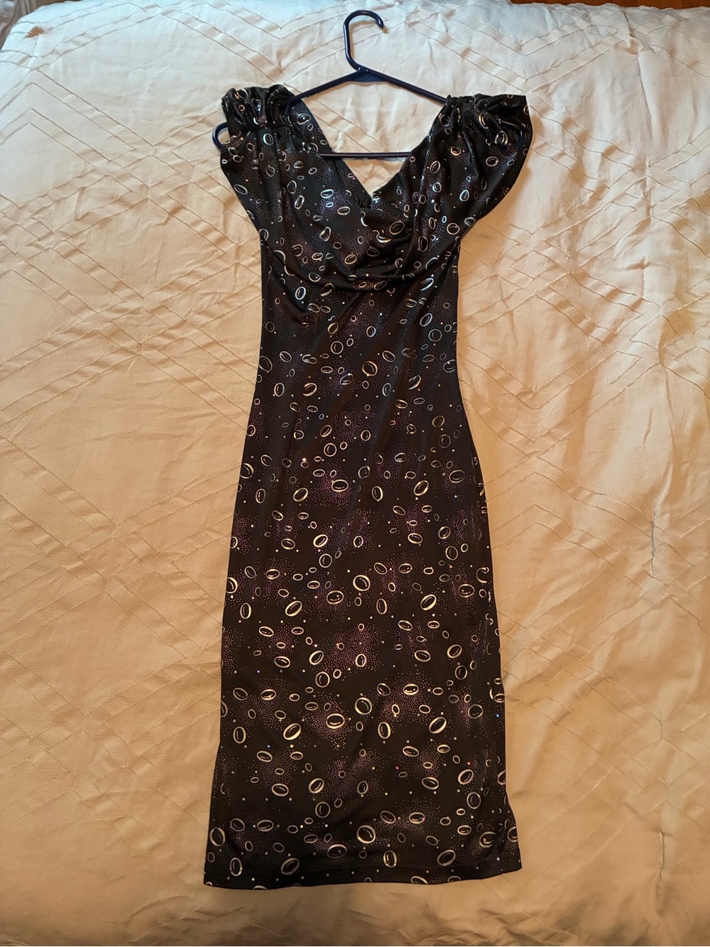 Tatyana Black Cowl Neck Midi Dress with Metallic Ring Motif